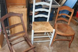 lot 198 image: Three vintage chairs, Rush Weave, 1 Ratan bottom, 1 childs Rocking Chair ( foldable)