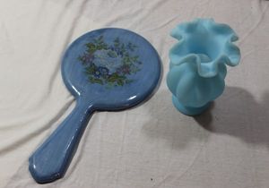lot 213 image: Vintage Hand Held Mirror and Fenton Blue Satin Art Glass with Ruffled Rim
