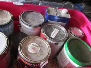 lot 65 image: pink tote of various USED AND OPENED  paints and stains