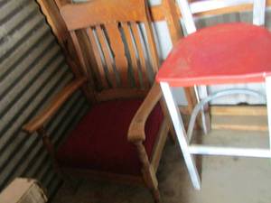 lot 105 image: metal bar stool, red seated wooden chair