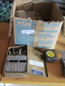lot 123 image: TOOLS  Allen wrenches, scrappers, measuring tape , box of screws and washers