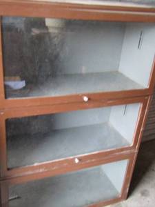 lot 10 image: 3 tier glass front lawyers cabinet, comes apart easy to make 3 different cases, 493313 all together and 173319 when singled out  - Metal framed
