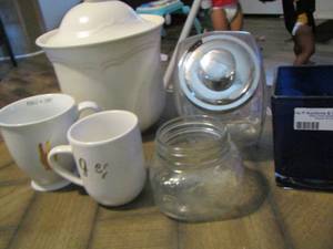 lot 167 image: coffee cups, canisters, blue square vase