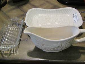 lot 170 image: Red tea pot,  Gravy boat, our daily bread platter, and more