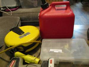 lot 201 image: Ericson shop light, craftsman drill, 2 gallon gas can, various screws and brackets