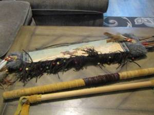 lot 204 image: Native Indian walking stick dcor   AND QUIVER   3 PIECES TOTAL