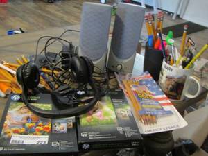 lot 223 image: office lot, picture printer paper, computer speakers, headphones, pencils and more