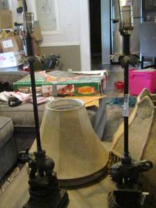 lot 239 image: 2 black elephant table lamps has 2 different sets of shades   qty 4 shades total