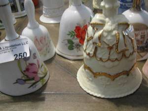 lot 250 image: qty 6 hand bells pink, floral, and more