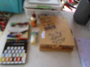 lot 255 image: Arts and crafts lot, used paints , pastel pencils wood glue and more