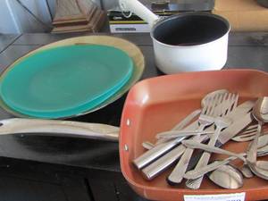 lot 289 image: various pieces of silverware, sauce pans pots and more