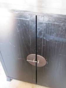 lot 300 image: Black 2 door cabinet with inside storage and shelving  443618