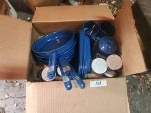 lot 181 image: Selection of Cinso Brand Blue Enamel items - Coffee pot, pans, cups, salt & pepper shakers