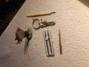 lot 46 image: Box of misc. -pens, fountain pen, magnifying glass, clock
