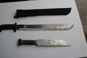 lot 17 image: Lot-Blades, Including Machete With Saw Blade Back Edge And Sheath About 23-12-L And  1-Shop Made Knife, About 20-L