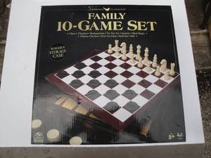 lot 49 image: Family 10-Game Set With Wooden Board And Storage Case- Unsure How Complete