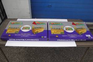 lot 52 image: 2-Childerns Market Stall- Kids Popcorn Sales Stands  Storage Boxes, About 12 x 21 x 28, Note 2 X Money