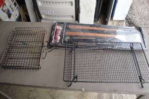 lot 90 image: Mixed Lot Including 3-Piece BBQ Tool Set, Over The Fire Cook Basket And Wire Cooking Rack With Folding Legs