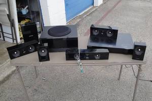 lot 75 image: Samsung Sound System Including Blu-Ray 3-D Player, Model HT-E6500W, Wireless Subwoofer, Center Speakers, And see below