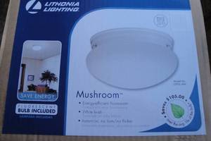 lot 171 image: 4-Lithonia Lighting- Mushroom-White Fluorescent Light Fixture Model 10976, Bulb Included, NOTE 4 X Money