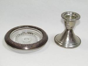 lot 264 image: Sterling silver candle holder and Sterling silver rimmed crystal dish