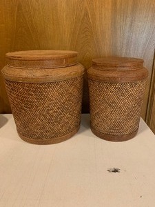 lot 28 image: 2 wooden wrapped Ratten baskets with lids