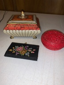 lot 111 image: Red box is Chinese Cennabar and laquer carved ledded box