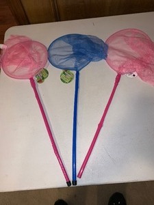 lot 185 image: 3 butterfly nets with tags - pink one is missing black tip on bottom of handle - as shown