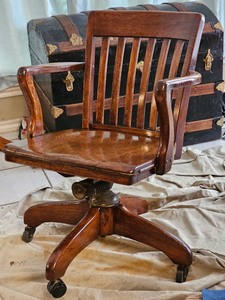 lot 2 image: 1950s wooden swivel desk chair on casters. NICE