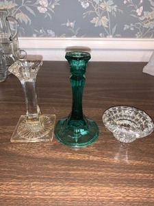 lot 210 image: 3 candle holders - 1 vintage Indiana Glass Co green paneled - 1 small brown cut glass - 1 clearsmoked slight twist design- very nice
