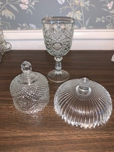 lot 212 image: 3 items - 2 candy dish covers - 1 deep cut glass wine goblet
