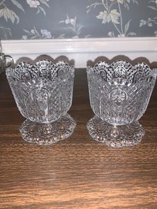 lot 207 image: Pair of Avon 1960 FOSTORIA crystal candy dish CRICA footed with scalloped rim