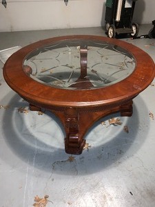 lot 224 image: Round endcoffee table - beveled glass top - see pics for details (in garage)