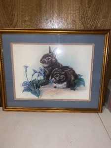 lot 226 image: signed Donna Brooks bunny rabbit wall decor - framed and matted