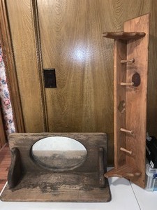 lot 231 image: 2 wooden wall shelves - 1 mirrored - 1 coat rack pegs (in garage)