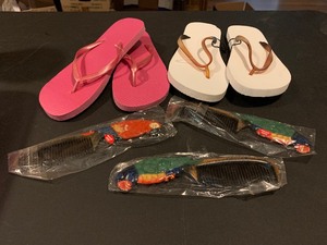 lot 270 image: All New - 2 pair flip flops - 3 NIP parrot style combs