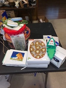 lot 275 image: Misc Christmas lot - generous amount of Christmas cards, tins, ornaments, and more - see pics