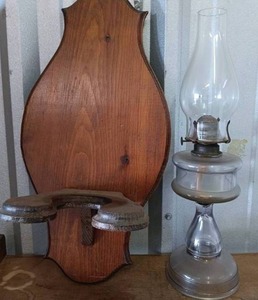 lot 5 image: Vintage Clear Glass Oil Lamp with Wooden Wall Mount Holder