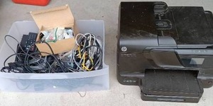 lot 88 image: HP Officejet Pro 8600 with Tote of Various Electronics and Cords