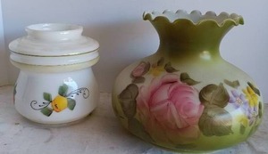 lot 122 image: 2 Vintage Hurricane Style Lamp Shades with Floral Design