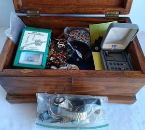 lot 123 image: Wooden Jewelry Box Filled with Misc. Costume Jewelry