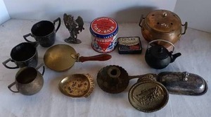 lot 112 image: Junk Drawer Lot of Vintage Metal Items Including Silver Plated Items, Brass, and other items