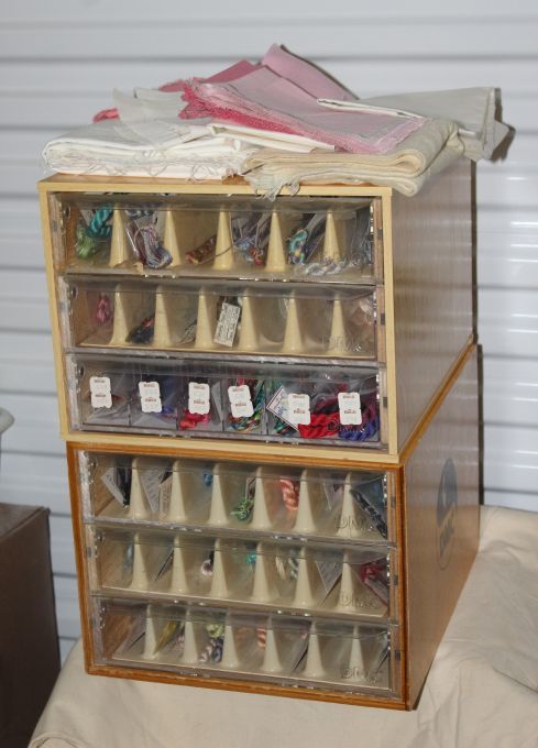 lot 3 image: $$ DMC Embroidery Thread Storage Cabinets (2) with several Colors of Embroidery Thread and Fabrics