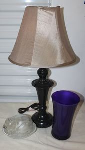 lot 16 image: Lamp and Shade, Purple Vase and Beautiful Clear Glass Cat on a basket