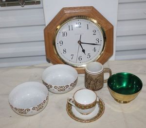 lot 18 image: Clock, Tea Cup and Saucer, Holiday  Bowls, Coffee Cup and more