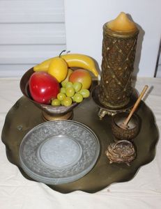 lot 55 image: Vintage Brass Tray and Dishes, Princess House Salad Plates and Plastic Fruit