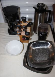 lot 31 image: Butcher Block with Knives, Coffee Grinder, 4 Cup Coffee Maker, Carafe, and Other Items