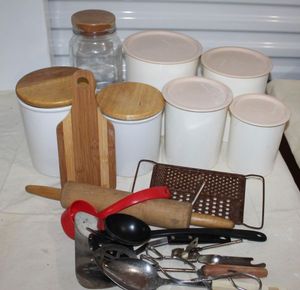 lot 56 image: Vintage Canisters, Tupperware Canisters and Cooking Utensils