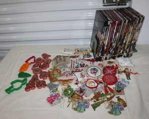 lot 45 image: Vintage Beautiful Cross Stitched and Beaded Ornaments, Cookie Cutters and Books