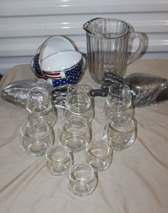 lot 66 image: Vintage Scoops, Glassware, Drink Pitcher and metal Bowls